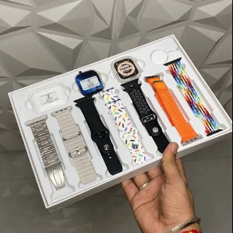 I20 Ultra Max Suit In Gold Edition Ultra 49MM Big Display Smart Watch + 7 Straps + Airpods Pro 2 + 49mm Jelly Watch Case All In One Box